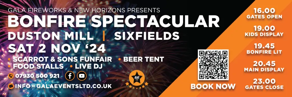 Poster showing the stat times of the Bonfire Spectacular, Firework Display at Duston Mill, Northamptonshire